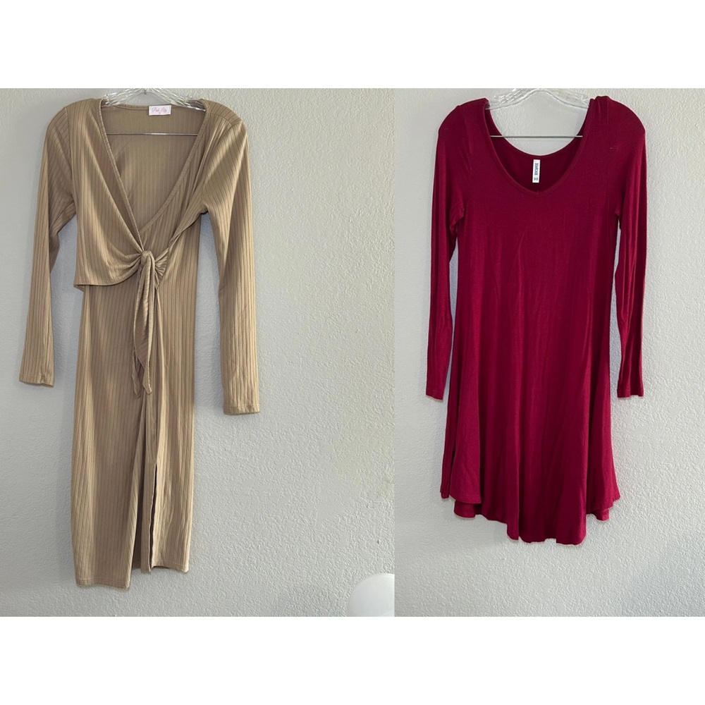 BUNDLE of two dresses women’s XS red beige long sleeve mini fitted‎